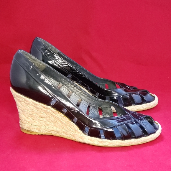 Stuart Weitzman Black Patent Leather Espadrille Wedges